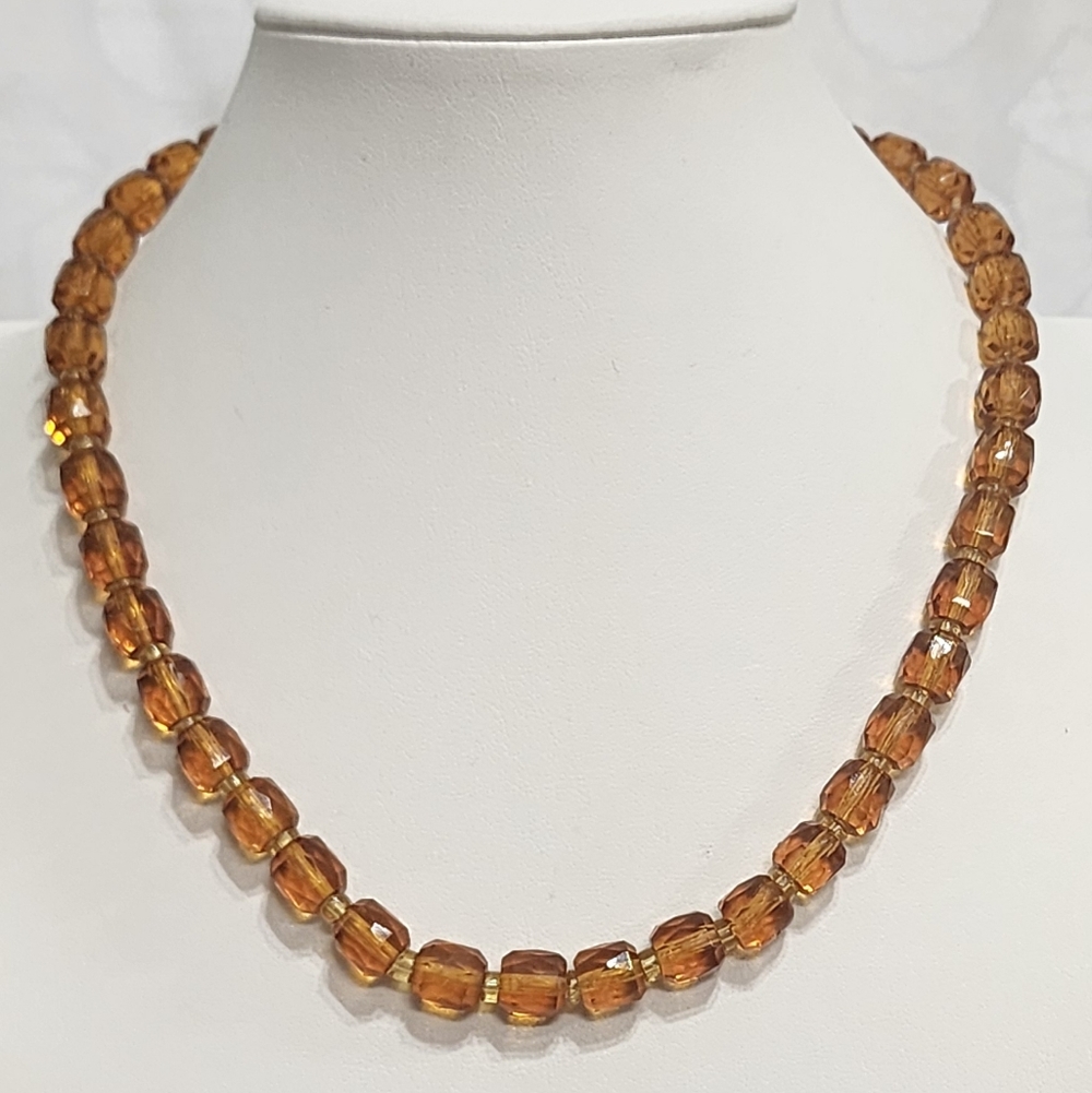 Vintage Czech Amber Glass Bead Necklace Fire Polished Faceted 16” Bohemian